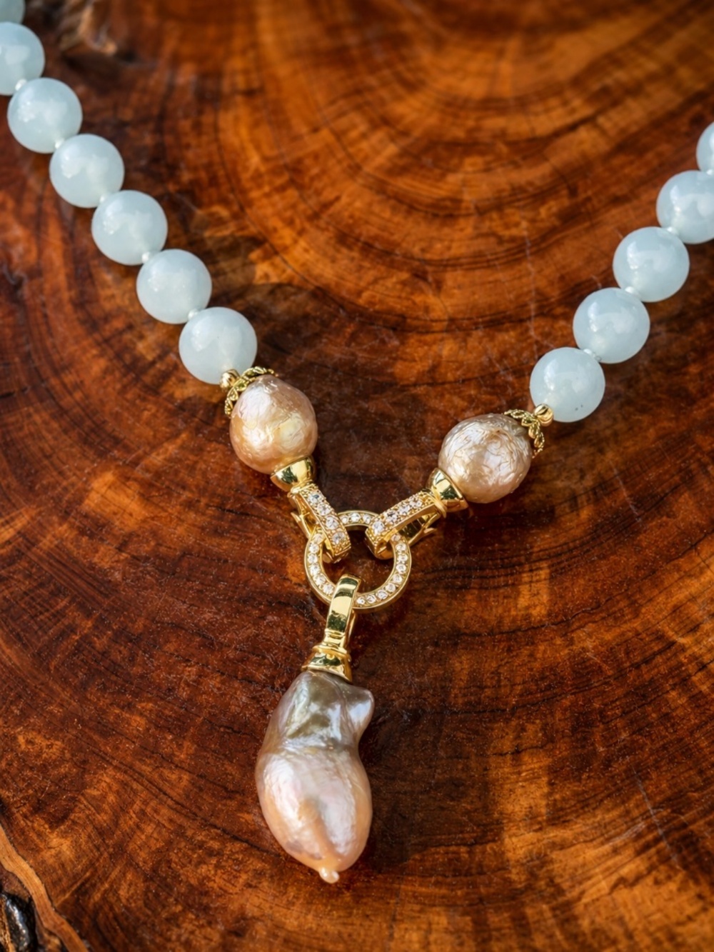 Aquamarine & Pearl Statement Necklace | Gold Plated CZ Clasp | Blue Beaded - Picture 2 of 5
